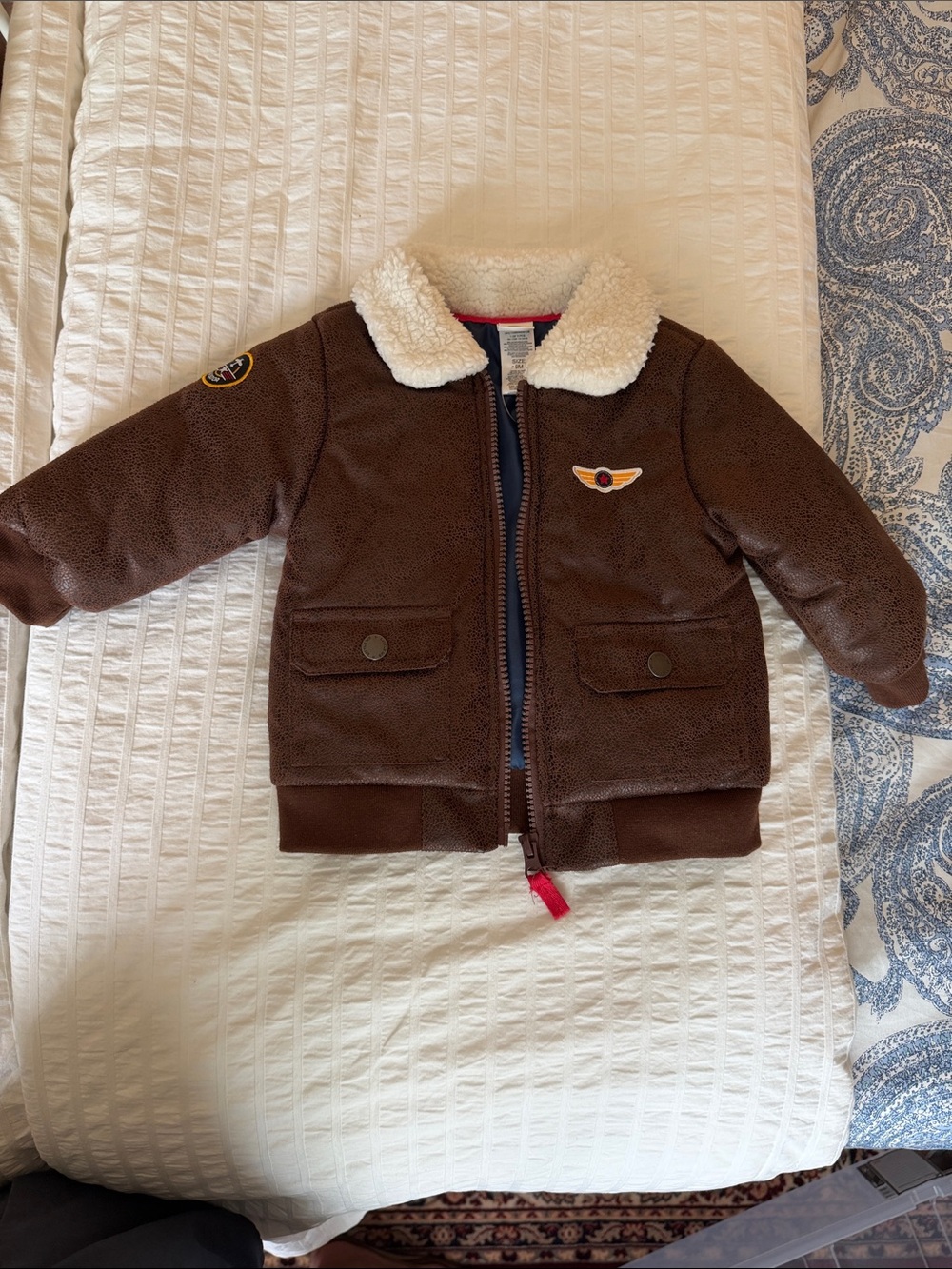Little Me Brown Puffer Jacket with Cream Sherpa Collar